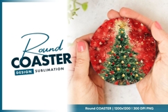 Decorated christmas tree on red background round coaster Product Image 1