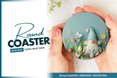 Easter gnome among flowers and eggs round coaster png Product Image 1