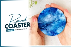 Blue alcohol ink abstract round coaster png Product Image 1