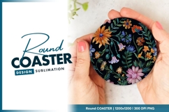 Floral embroidery design on black round coaster png Product Image 1