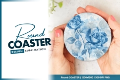 Watercolor blue roses round coaster png design Product Image 1