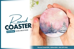 Watercolor winter scene pink sky round coaster Product Image 1