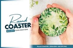 Watercolor green leaves circle round coaster png Product Image 1