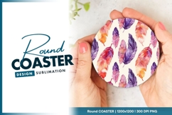 Watercolor Feathers in Purple Pink and Orange round coaster Product Image 1