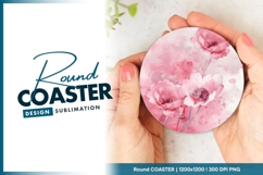 Watercolor Pink Flowers on Round Coaster Png Product Image 1
