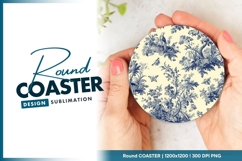 Blue and White Floral and Bird Toile Round Coaster Png Product Image 1