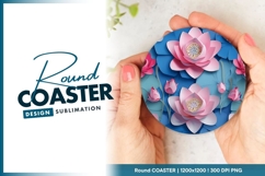 Pink Lotus Flowers and Blue Leaves Arrangement Round Coaster Product Image 1
