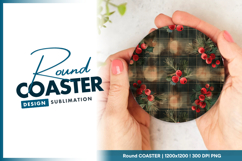 Holly berries and pine on plaid pattern round coaster Product Image 1