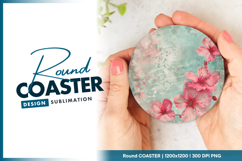 Pink blossoms on distressed aqua background round coaster Product Image 1