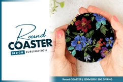 Embroidered Floral Pattern on Black Background Round Coaster Product Image 1