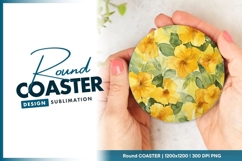 Watercolor Yellow Flowers and Green Leaves Round Coaster Png Product Image 1