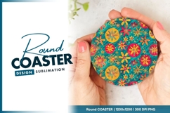 Colorful Floral Pattern on Teal Background Round Coaster Png Product Image 1
