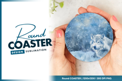 Winter wolf portrait in snowy forest scene round coaster png Product Image 1