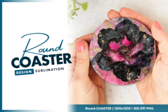 Abstract black and pink flower art round coaster png Product Image 1