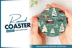 Round Christmas Car and Tree Pattern on Teal Round Coaster Product Image 1