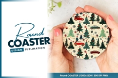 Christmas Trees and Cars Pattern on Round Coaster Png Product Image 1