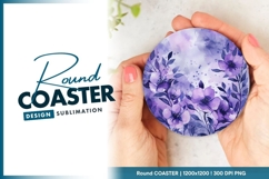 Watercolor Floral Design in Purple and Round Coaster Png Product Image 1