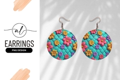 Colorful Flowers On Turquoise Quilted Round Earring Product Image 1