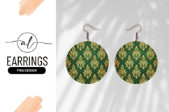 Gold Damask Pattern on Green Background Round Earring Png Product Image 1