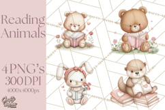Valentine Animals Reading Books Clipart, Heart Storytime PNG Product Image 1