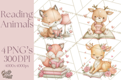 Valentine Animals Reading Books Clipart, Heart Storytime PNG Product Image 1