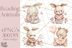 Valentine Animals Reading Books Clipart, Heart Storytime PNG Product Image 1