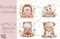 Valentine Animals Reading Books Clipart, Heart Storytime PNG Product Image 1