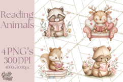Valentine Animals Reading Books Clipart, Heart Storytime PNG Product Image 1