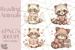 Valentine Animals Reading Books Clipart, Heart Storytime PNG Product Image 1