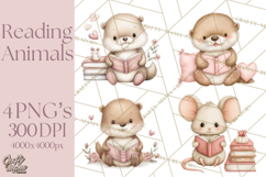 Valentine Animals Reading Books Clipart, Heart Storytime PNG Product Image 1