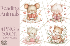 Valentine Animals Reading Books Clipart, Heart Storytime PNG Product Image 1