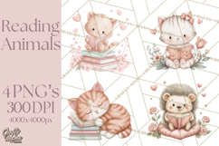 Valentine Animals Reading Books Clipart, Heart Storytime PNG Product Image 1