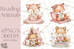 Valentine Animals Reading Books Clipart, Heart Storytime PNG Product Image 1