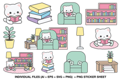 cute reading cat clipart in pastel style