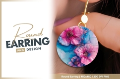 Pink and Blue Floral Illustration on a Round earring png Product Image 1