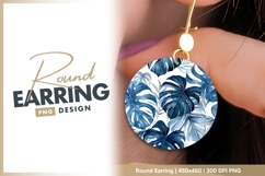 Blue Monstera Leaf Pattern in a Circle on round earring png Product Image 1