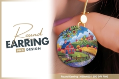 Whimsical Red Barn and Apple Tree Landscape round earring Product Image 1