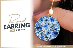Watercolor Blue Floral Pattern on White Round Earring PNG Product Image 1