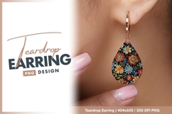 Colorful flowers pattern on black teardrop earring png Product Image 1