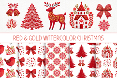 Red and gold watercolor Christmas folk art clipart with trees, bows, snowflakes, house, bird, snowman, and botanical elements in PNG format