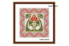 Red Art nouveau flower vintage cross stitch pattern - Tango Stitch