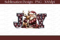Whimsical Christmas sublimation design featuring Santa Claus hugging a sleeping reindeer between large buffalo plaid JOY letters with white snowflakes, winter greenery, berries, pinecones, and falling snow on a transparent background.