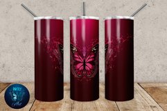 Red butterfly tumbler wrap sublimation design with on dark burgundy gradient seamless background.  20 oz skinny tumbler full wrap png files for download.