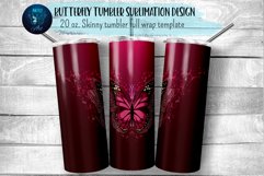 Red butterfly tumbler wrap sublimation design with on dark burgundy gradient seamless background.  20 oz skinny tumbler full wrap png files for download.