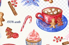 Red cup and blue saucer, candy cane and gingerbread cookies watercolor illustration