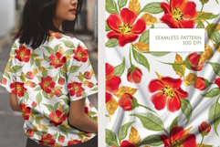 Red Floral Seamless Pattern with Gold Leaves Product Image 1