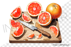 Chopped Red Grapefruits on Wooden Cutting Board with Knife Product Image 1