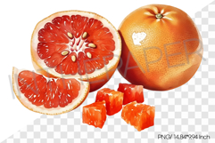 Whole and Cut Red Grapefruit with Cubed Pieces PNG Clipart Product Image 1