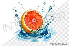 Red Grapefruit Splashing into Water PNG Clipart Fruit Illust Product Image 1