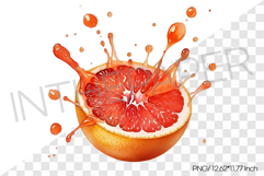 Red Grapefruit Half with Juice Splatter Background PNG Art Product Image 1